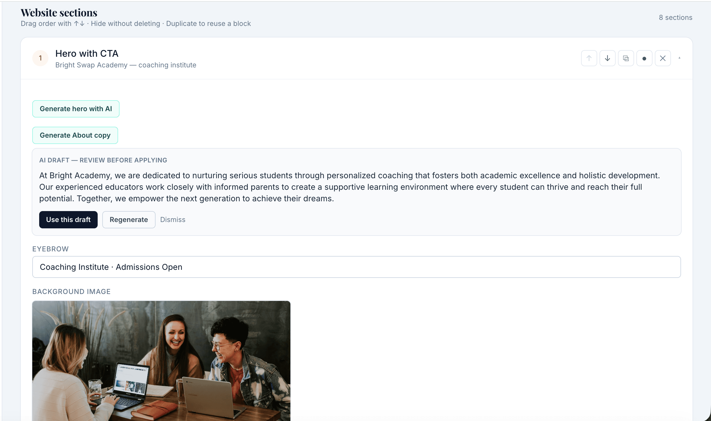AI website content assist for institute pages
